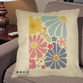 Perna Decorativa Flori Grafice Pastel Multicolor, 40x40 cm, Crem, Husa Detasabila, Perna Inclusa, BEKZ®