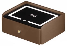 Noptieră inteligentă cu &icirc;ncărcare wireless, iluminare LED, 1 sertar de depozitare &ndash; maro, design modern din sticlă și lemn