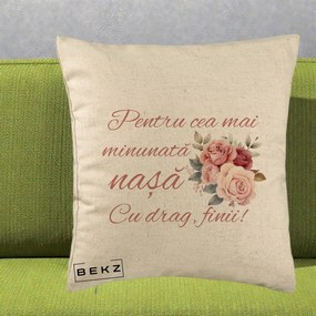 Cadou pentru Nasa - Perna Personalizata Pentru Cea mai Minunata Nasa Cu drag Finii, 40x40 cm, Bej, Husa Detasabila, Perna Inclusa, BEKZ®