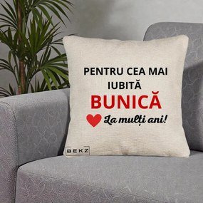 Cadou pentru Bunica - Perna Personalizata Pentru Cea Mai Iubita Bunica La Multi Ani Rosu, 40x40 cm, Bej Canapea, Husa Detasabila, Perna Inclusa, BEKZ®