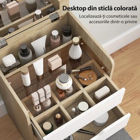 HOMCOM Stație de Machiaj 3 în 1 cu Oglindă Rabatabilă, Scaun Ascuns, Toaletă de Machiaj cu Scaun Tapițat pe Roți, 3 Sertare, Blat din Sticlă Transparentă, Compartiment, Economisire Spațiu, Alb și Stejar | Aosom Romania