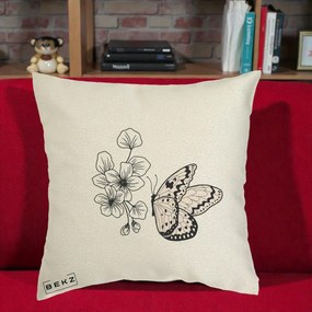 Perna Decorativa Fluture si Flori Linie Monocroma, 40x40 cm, Ecru, Husa Detasabila, Perna Inclusa, BEKZ®