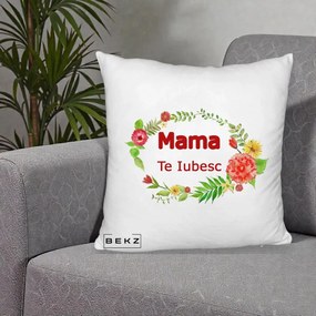 Cadou pentru Mama - Perna Personalizata Mama Te Iubesc Flori Rosii, 40x40 cm, Alb Pufos, Husa Detasabila, Perna Inclusa, BEKZ®