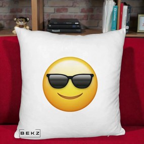 Perna Decorativa Emoji Cool Ochelari, 40x40 cm, Alb Pufos, Husa Detasabila, Perna Inclusa, BEKZ®