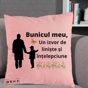 Cadou pentru Bunic - Perna Personalizata Bunicul Meu Izvor de Liniste cu Fluture si Baietel, 40x40 cm, Roz, Husa Detasabila, Perna Inclusa, BEKZ®