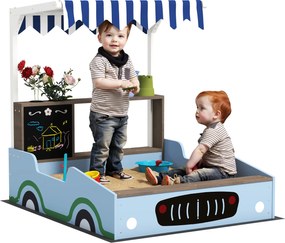 AIYAPLAY Ladă de nisip cu copertină, design magazin alimentar, bancă, tablă de scris, lemn de brad, 104H x 108L x 90B cm, Albastru | Aosom Romania