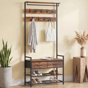 HOMCOM Cuier cu cârlige pentru haine, bancă pentru încălțăminte, organizator industrial pentru hol, cadru din oțel, Maro rustic | Aosom Romania