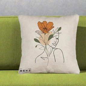 Perna Decorativa Portret Feminin Floare Portocalie, 40x40 cm, Bej Canapea, Husa Detasabila, Perna Inclusa, BEKZ®