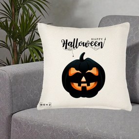 Perna Decorativa Happy Halloween Dovleac Negru cu Paianjen, 40x40 cm, Crem Reliefat, Husa Detasabila, Perna Inclusa, BEKZ®