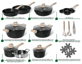 Set oale si tigai Just Perfecto JL-722, 21 piese, Finisaj marmura, Inductie, Oala cu aburi, Accesorii, Negru