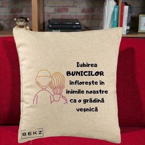 Cadou pentru Bunici - Perna Personalizata Iubirea Bunicilor Infloreste Cuplu Line Art Gradient, 40x40 cm, Bej, Husa Detasabila, Perna Inclusa, BEKZ®