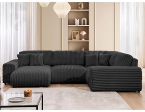 Colțar gri închis cu tapițerie din catifea reiată (cu colț pe partea dreaptă/în formă de "U") Justin – Ropez