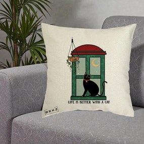Perna Personalizata Life is Better with a Cat Geam, 40x40 cm, Ecru, Husa Detasabila, Perna Inclusa, BEKZ®