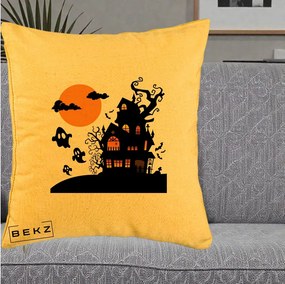 Perna Decorativa Halloween Casa Bantuita cu Fantome, 40x40 cm, Galben, Husa Detasabila, Perna Inclusa, BEKZ®