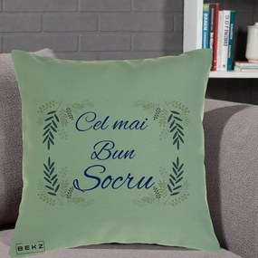 Cadou pentru Socru - Perna Personalizata Cel mai Bun Socru cu Ramuri Frunze Albastre si Aurii, 40x40 cm, Verde, Husa Detasabila, Perna Inclusa, BEKZ®