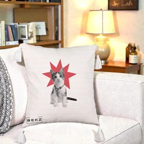 Perna Decorativa Pisica Star Pop Art, 40x40 cm, Bej cu Franjuri, Husa Detasabila, Perna Inclusa, BEKZ®