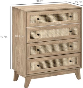 HOMCOM Comodă cu 4 Sertare Stil Boho din Ratan 80x35x95 cm Lemn Natural | Aosom Romania