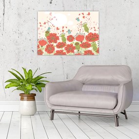 Tablou pe sticlă - Păsări pe o pajiște înflorită (70x50 cm)