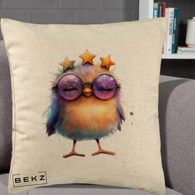 Perna Decorativa Pui Pop Star cu Ochelari Stele Violet, 40x40 cm, Bej, Husa Detasabila, Perna Inclusa, BEKZ®