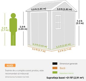 Outsunny Șopron de Grădină pentru Depozitare Unelte cu Pardosea, Două Uși și Încuietoare, 181x181x220 cm, Gri | Aosom Romania