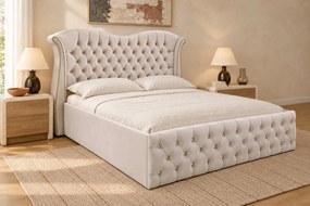 Pat tapițat Chesterfield Avella 180×200 cm, crem, cu ladă de depozitare