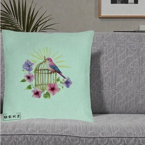 Perna Decorativa Pasare Roz pe Colivie Aurie cu Flori, 40x40 cm, Verde Menta, Husa Detasabila, Perna Inclusa, BEKZ®