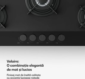 Klarstein Plita pe gaz Velaire, cu 5 arzătoare și aprindere electrică, compatibilă cu gaz natural și GPL, 10400 W, 90 cm.