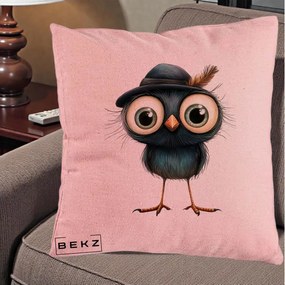 Perna Decorativa Pui Misterios cu Palarie Neagra, 40x40 cm, Roz, Husa Detasabila, Perna Inclusa, BEKZ®