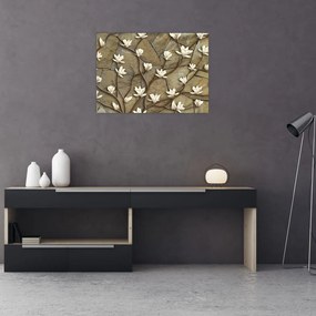 Tablou pe sticlă - Magnolii albe pe zidărie de piatră (70x50 cm)