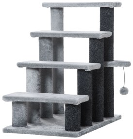 PawHut Scara pentru pisici cu 4 trepte Haustiertreppe cu coloane pentru zgâriere Minge Scara pentru câini Scara pentru animalele de companie pentru pisici de până la 5 kg Pluș Iută Gri 60 x 40 x 64 cm | Aosom Romania