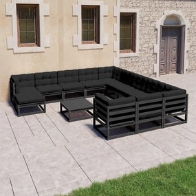 3077113 vidaXL Set mobilier grădină perne, 13 piese, negru, lemn masiv pin