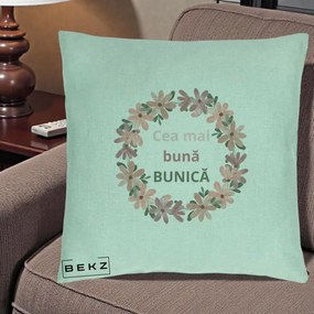 Cadou pentru Bunica - Perna Personalizata Cea Mai Buna Bunica Coronita Flori Roz, 40x40 cm, Verde Menta, Husa Detasabila, Perna Inclusa, BEKZ®