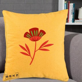 Perna Decorativa Floare Macul Roz-Rosu Grafic, 40x40 cm, Galben, Husa Detasabila, Perna Inclusa, BEKZ®