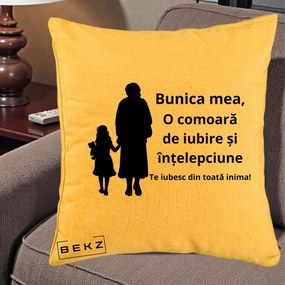 Cadou pentru Bunica - Perna Personalizata Bunica Mea Comoara Iubire Intelepciune Silueta, 40x40 cm, Galben, Husa Detasabila, Perna Inclusa, BEKZ®