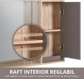HOMCOM Dulapior Suspendat Baie cu Oglindă Raft Reglabil Design Modern Gri și Stejar | Aosom Romania
