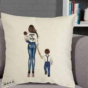 Cadou pentru Mama - Perna Personalizata Mom of Boys Mama cu Baietii, 40x40 cm, Ecru, Husa Detasabila, Perna Inclusa, BEKZ®