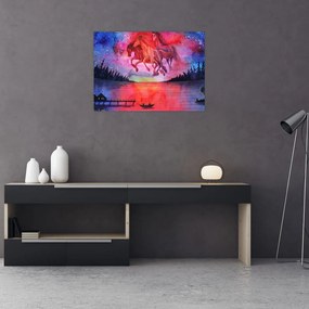 Tablou pe sticlă - Apariția cailor spațiali peste lac, acuarelă (70x50 cm)