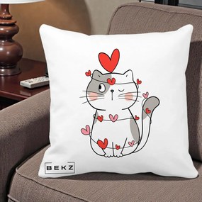 Perna Decorativa Pisica Kawaii cu Inimi, 40x40 cm, Alba Mata, Husa Detasabila, Perna Inclusa, BEKZ®