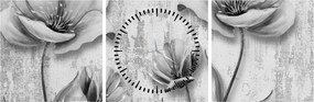 Tablou - Flori alb-negru pe fundal (cu ceas) (90x30 cm)