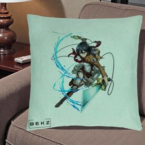Perna Personalizata Attack on Titan Mikasa Ackerman Lupta, 40x40 cm, Verde Menta, Husa Detasabila, Perna Inclusa, BEKZ®
