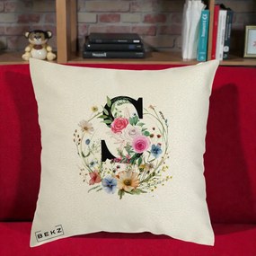 Cadou Personalizat - Perna Personalizata Monogram Litera S cu Flori Acuarela, 40x40 cm, Ecru, Husa Detasabila, Perna Inclusa, BEKZ®