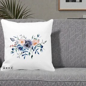 Perna Decorativa Buchet Flori Albastre Acuarela, 40x40 cm, Alba Mata, Husa Detasabila, Perna Inclusa, BEKZ®