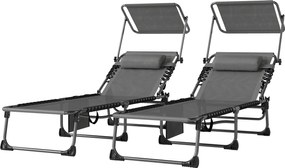 Outsunny Set de 2 șezlonguri pliabile cu pernă pentru cap, told, buzunar lateral și spătar reglabil în 5 poziții, gri | Aosom Romania
