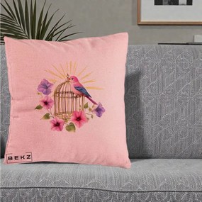 Perna Decorativa Pasare Roz pe Colivie Aurie cu Flori, 40x40 cm, Roz, Husa Detasabila, Perna Inclusa, BEKZ®