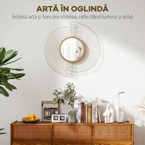 HOMCOM Oglindă Decorativă de Perete Rotundă, Design Modern cu Benzi Metalice și Ramă Plisată, Pentru Sufragerie, Dormitor și Hol, 60x60 cm, Auriu | Aosom Romania