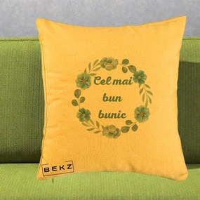 Cadou pentru Bunic - Perna Personalizata Cel Mai Bun Bunic Coronita Flori Albastre Teal, 40x40 cm, Galben, Husa Detasabila, Perna Inclusa, BEKZ®