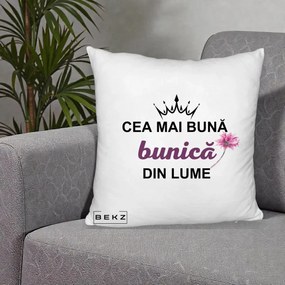 Cadou pentru Bunica - Perna Personalizata Cea Mai Buna Bunica Din Lume Coroana Mov Floare Roz, 40x40 cm, Alb Pufos, Husa Detasabila, Perna Inclusa, BEKZ®