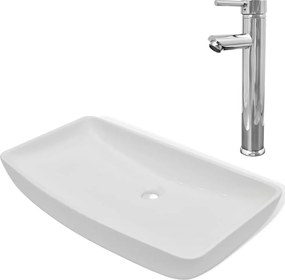 vidaXL Chiuvetă de baie cu robinet mixer, ceramică, dreptunghiular alb