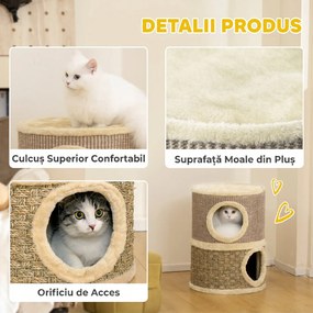 PawHut Căsuță pentru Pisici cu Stâlp de Zgâriat, Tip Turn, 2 Culcușuri, Sisal și Iarbă de Mare, Margini din Pluș, Kaki | Aosom Romania