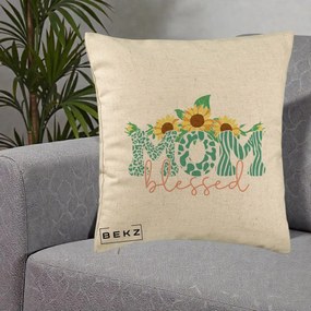 Cadou pentru Mama - Perna Personalizata Mom Blessed cu Floarea Soarelui Animal Print Teal, 40x40 cm, Bej, Husa Detasabila, Perna Inclusa, BEKZ®